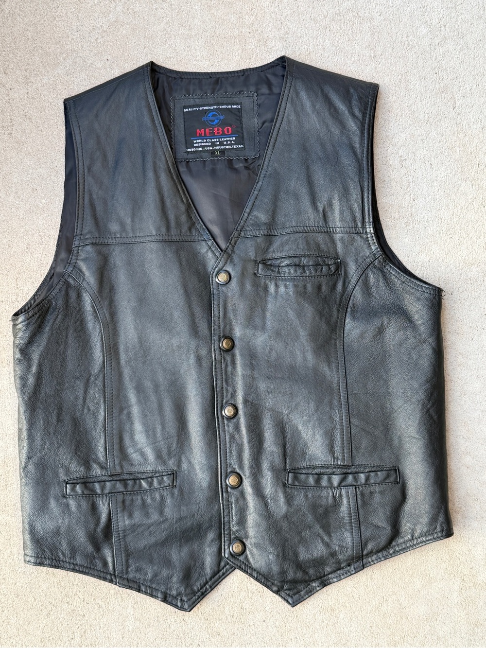 Vintage MEBO Black Leather Vest Mens XL 90s Y2K Biker Western Snap Front